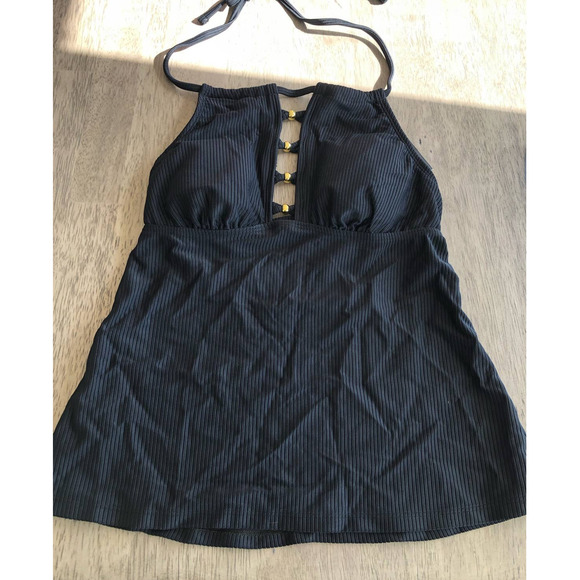 Salt & Cove Black Cutout Halter Ribbed Tankini Top - XS - Picture 5 of 7